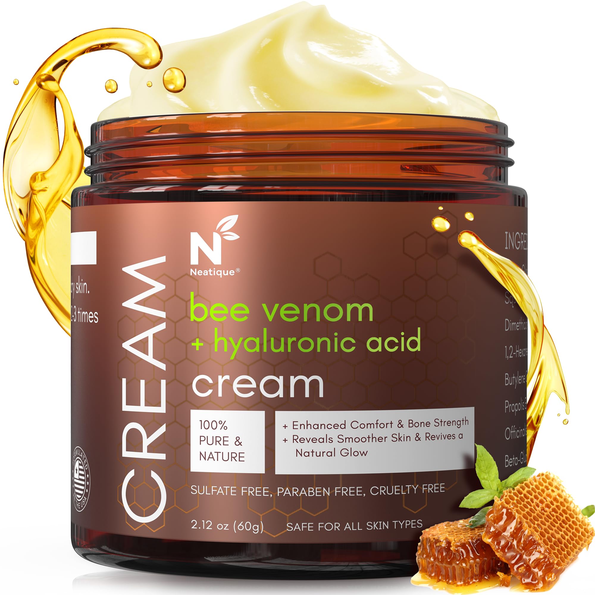 Neatique Bee Venom & Hyaluronic Cream jar showcases premium packaging and visible moisture.