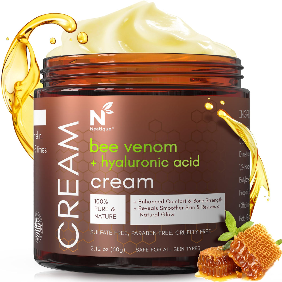 Neatique Bee Venom & Hyaluronic Cream jar showcases premium packaging and visible moisture.