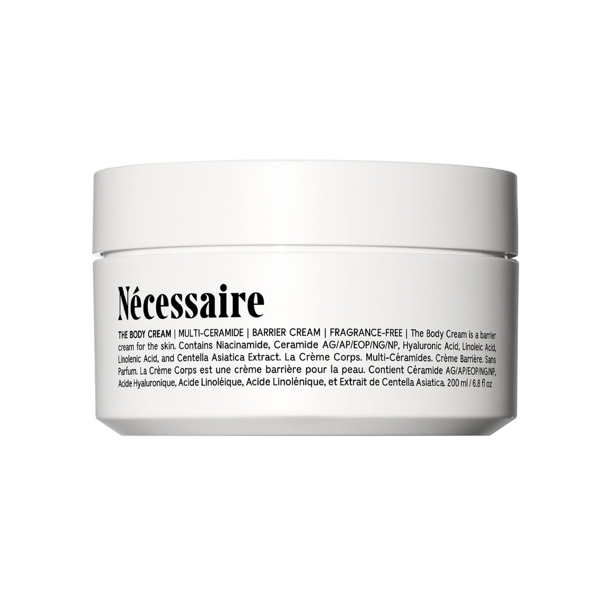Nécessaire The Body Cream fragrance-free packaging highlights clean design and travel-friendly size.