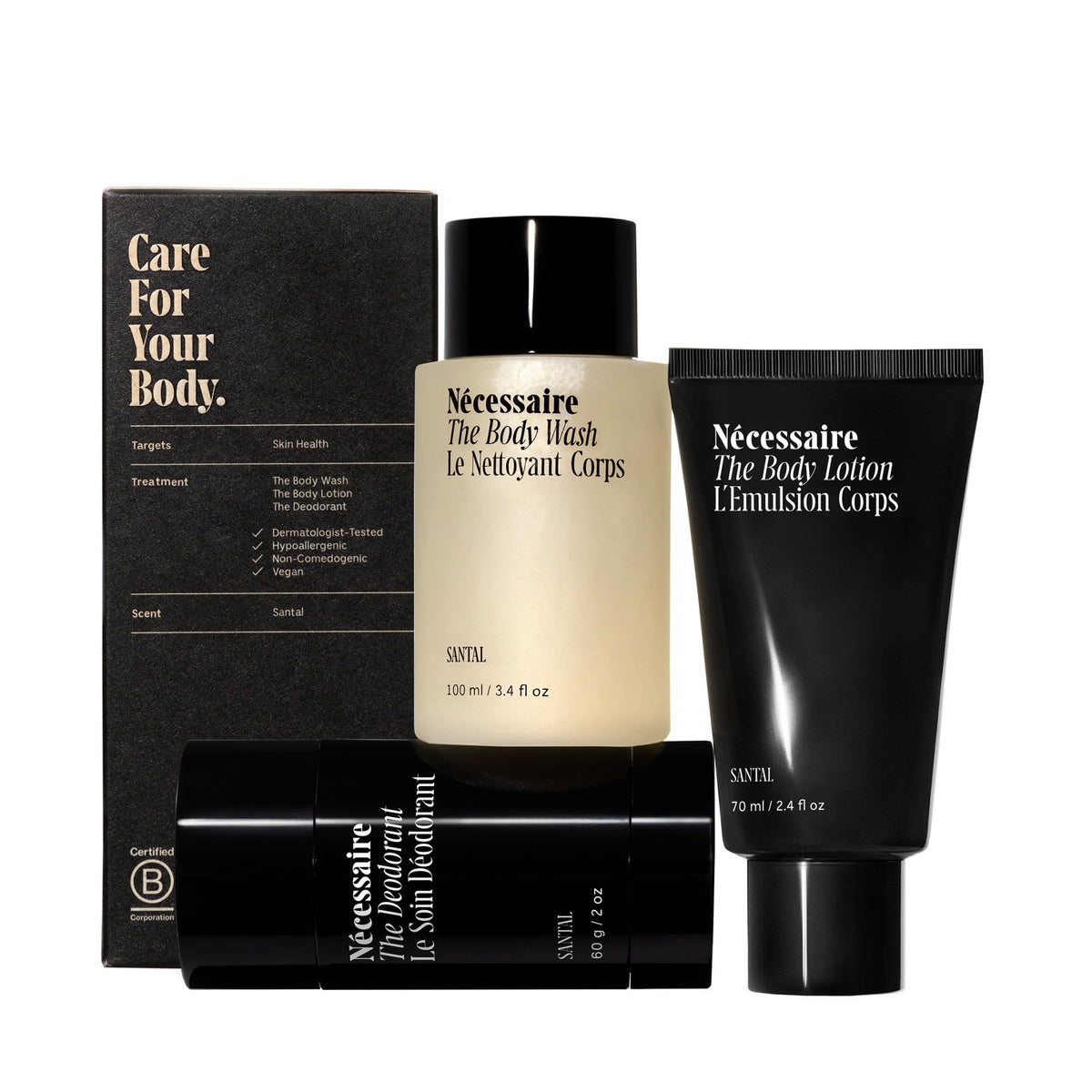 Nécessaire body wash bottle shows a refreshing daily cleanse for the skin.