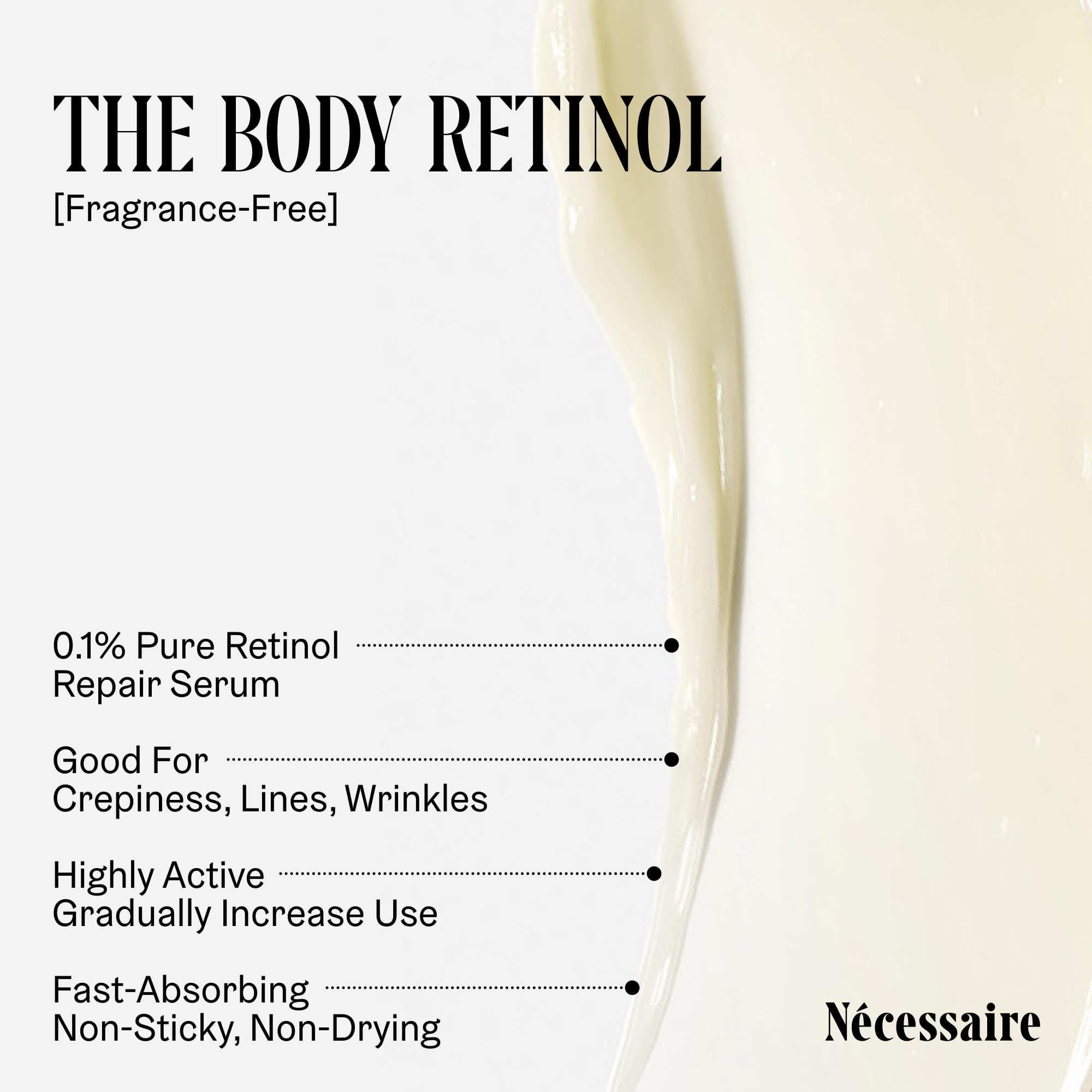 Nécessaire The Body Retinol lotion bottle close-up ready for nightly use.