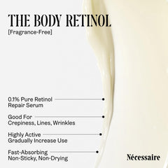 Nécessaire The Body Retinol lotion bottle close-up ready for nightly use.