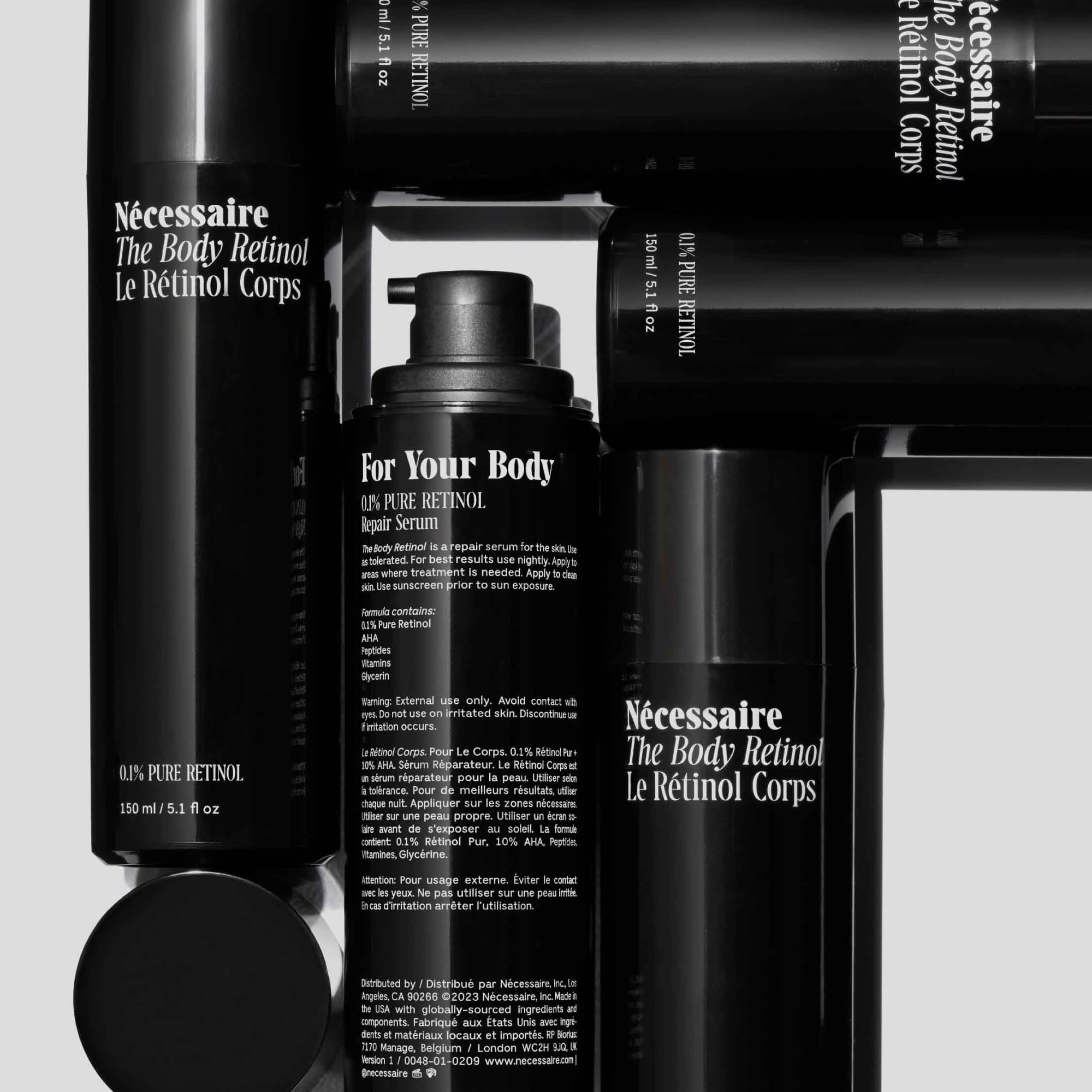Nécessaire The Body Retinol serum packaging close-up emphasizes premium bottle.