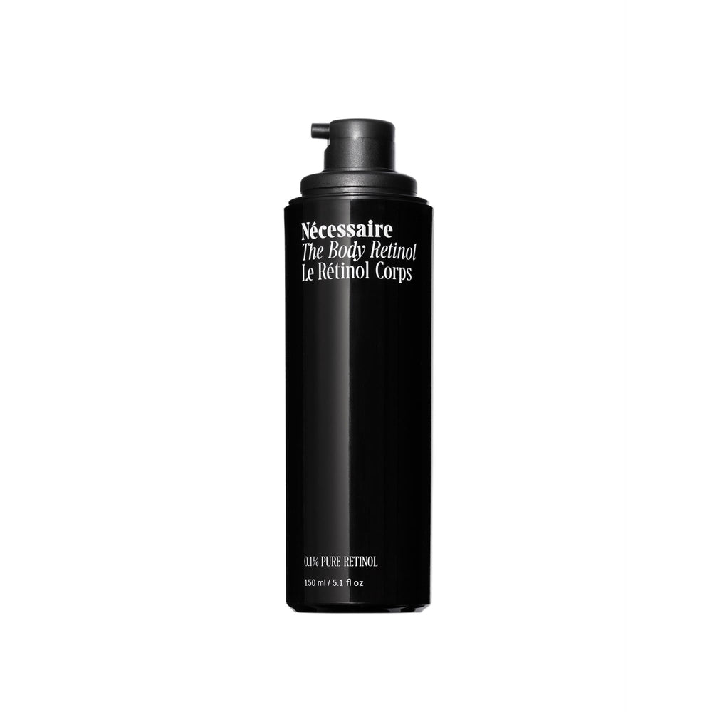 Nécessaire The Body Retinol serum pump close-up shows fast-absorbing, non-greasy texture.