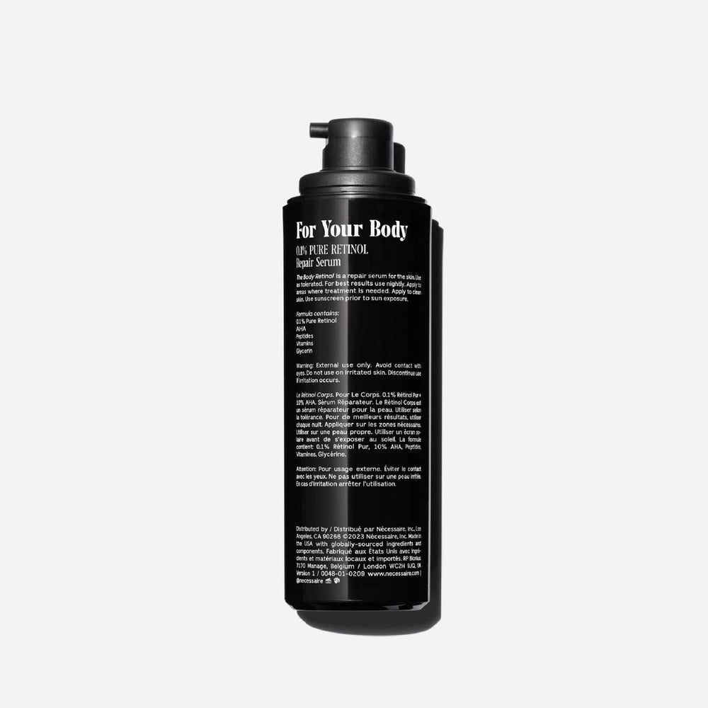 Nécessaire The Body Retinol serum texture close-up highlights lightweight feel.