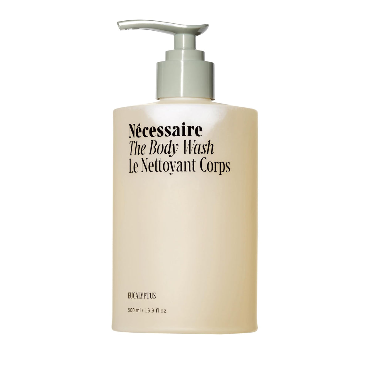Nécessaire body wash eucalyptus bottle being poured for a refreshing daily cleanse