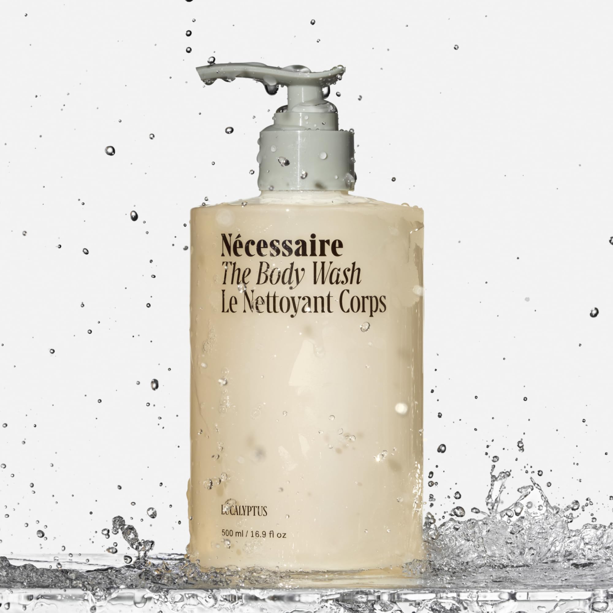 Nécessaire body wash eucalyptus label closeup highlighting the gentle formula