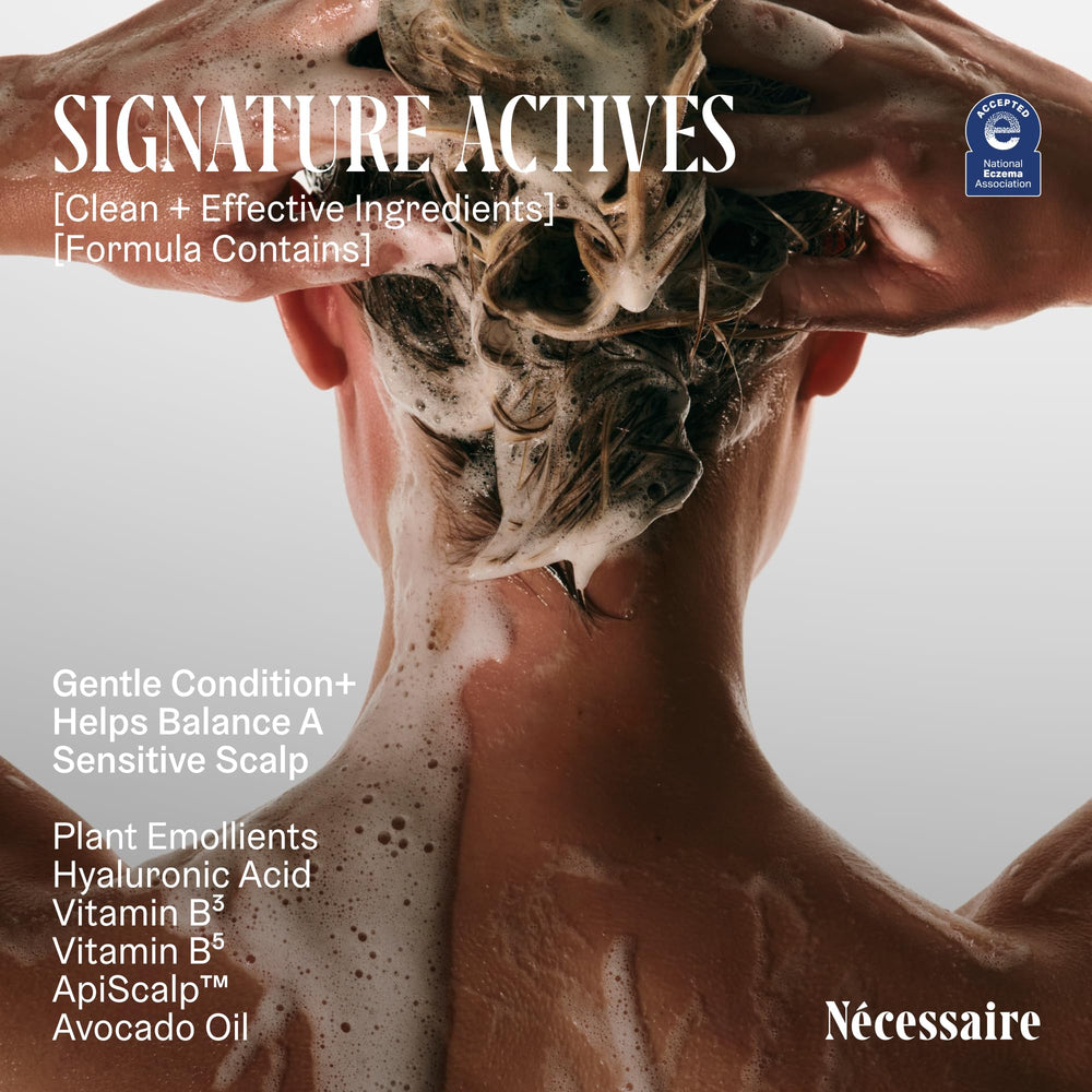 Nécessaire The Conditioner packaging features dermatologist tested and hypoallergenic attributes.