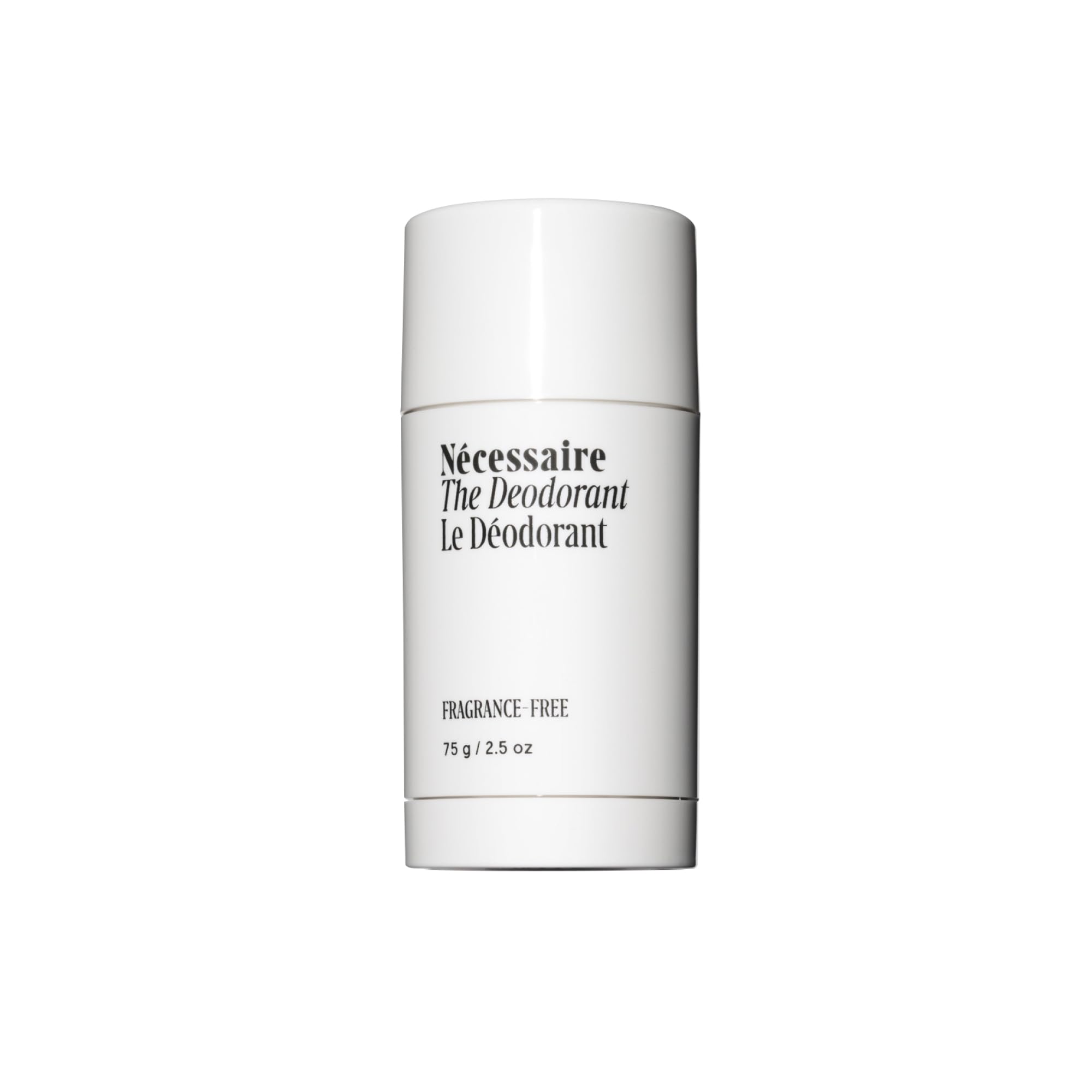 Nécessaire fragrance-free deodorant bottle close-up showing fragrance-free formula for sensitive skin.