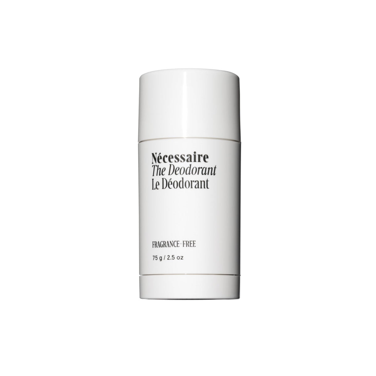 Nécessaire fragrance-free deodorant bottle close-up showing fragrance-free formula for sensitive skin.