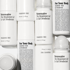 Nécessaire Deodorant Gel label close-up highlighting mandelic acid and vitamins.