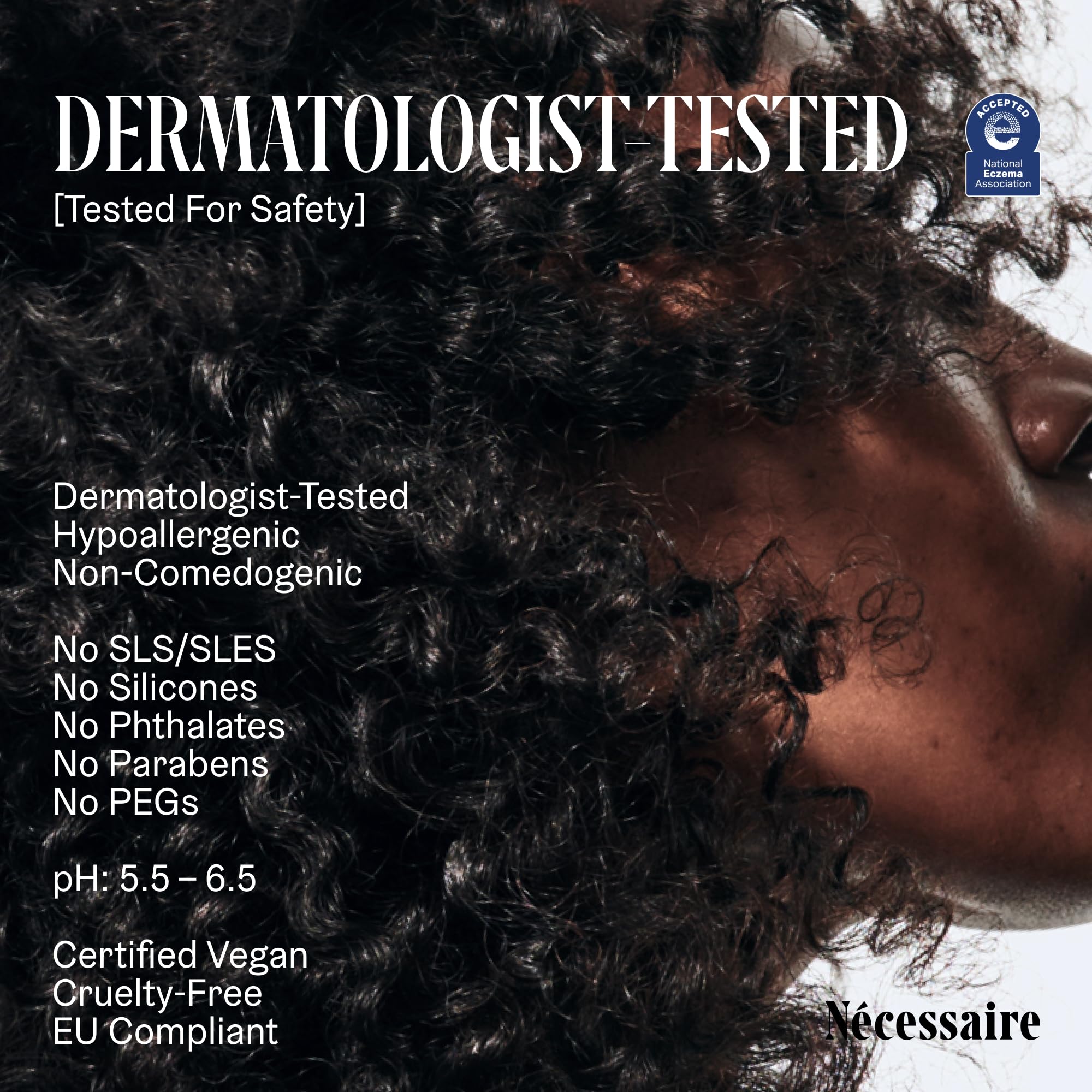 Nécessaire dermatologist-tested badge highlighting hypoallergenic formula.