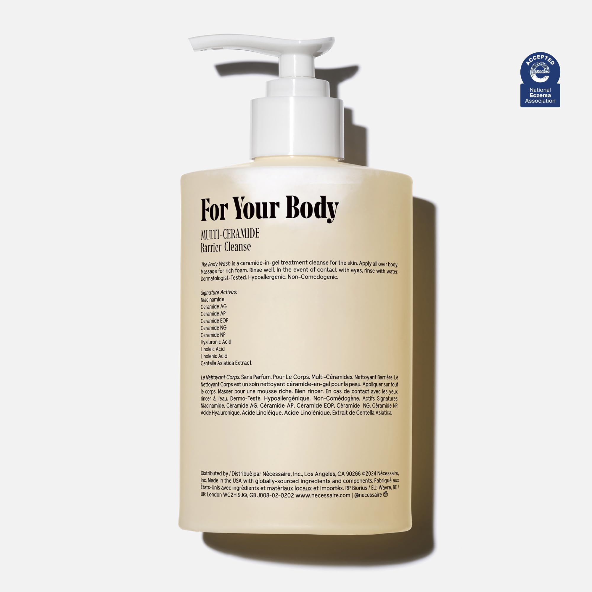Nécessaire fragrance-free bottle back view shows barrier-supporting formula.