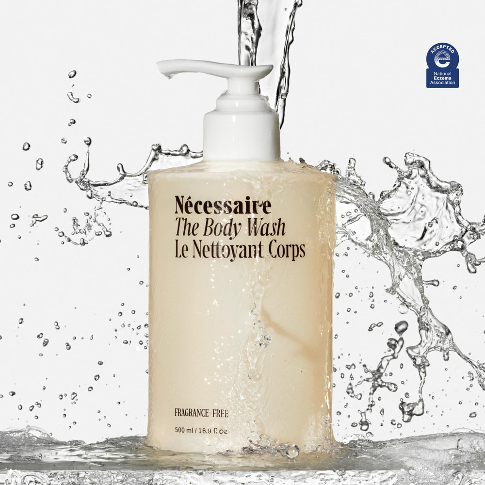 Nécessaire fragrance-free ingredients graphic highlights niacinamide and ceramides.