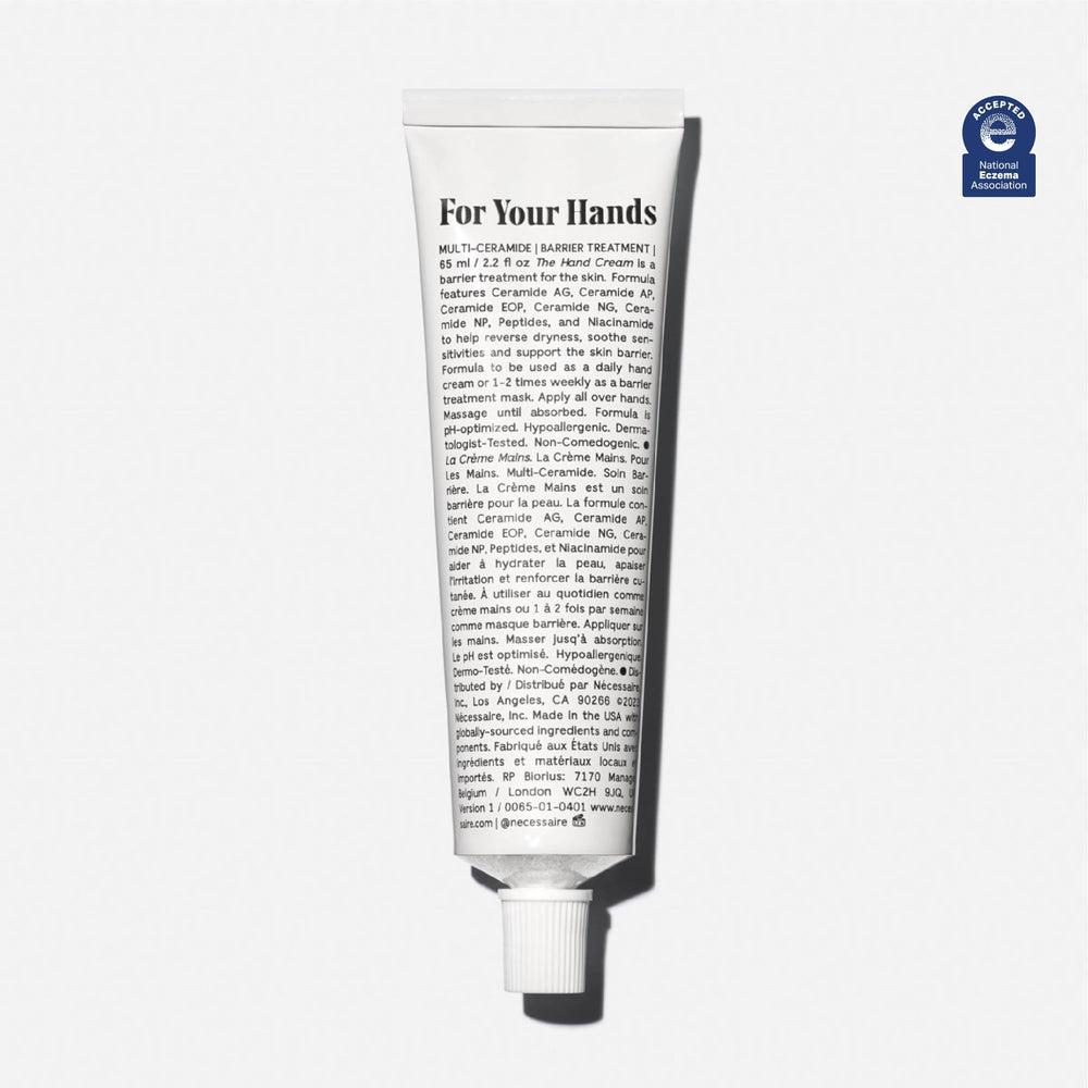Nécessaire hand cream ceramides close-up label highlighting moisture and barrier support