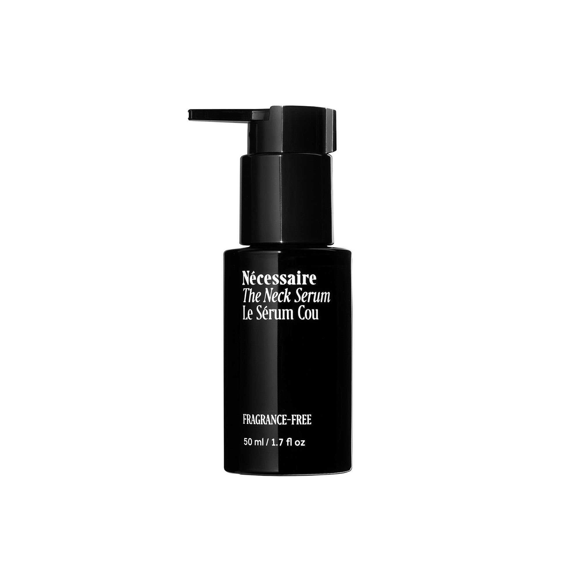 Nécessaire neck serum bottle on a clean surface, fragrance-free hydration for the neck.