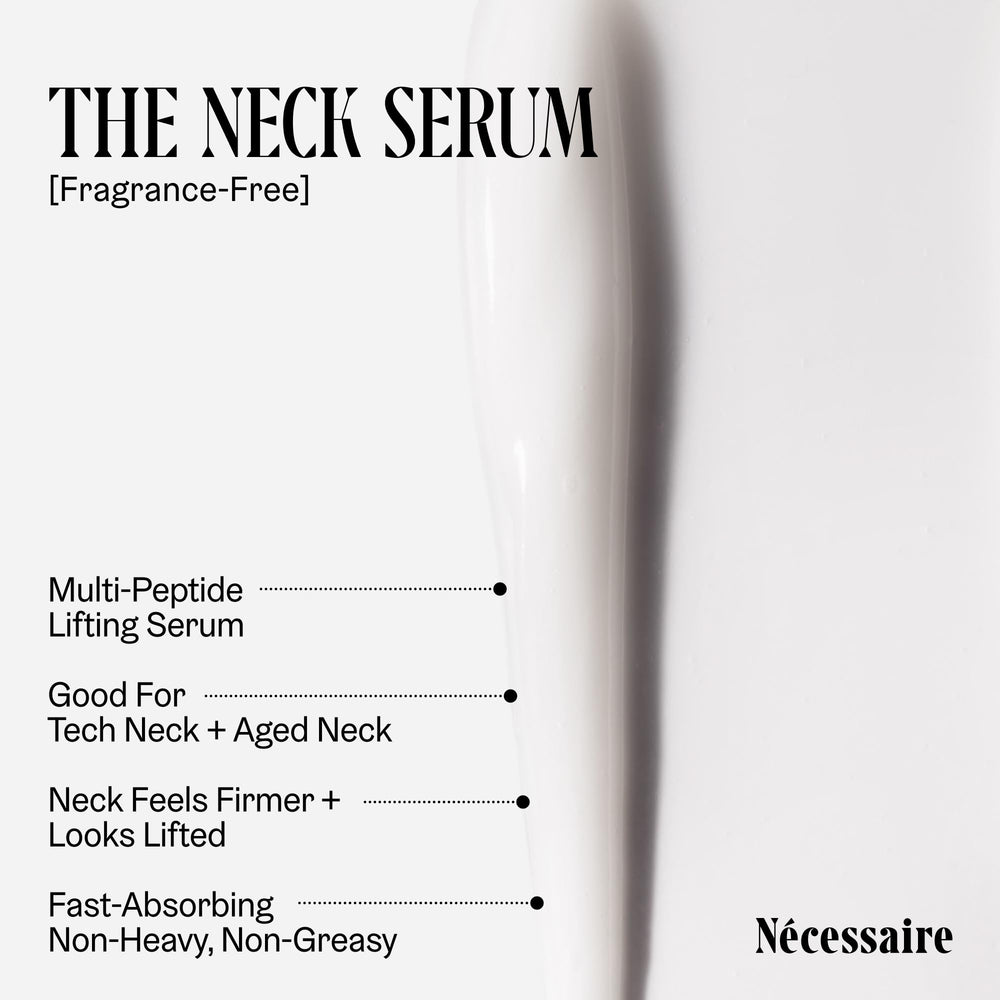 Texture close-up of Nécessaire neck serum glass bottle ready to absorb.