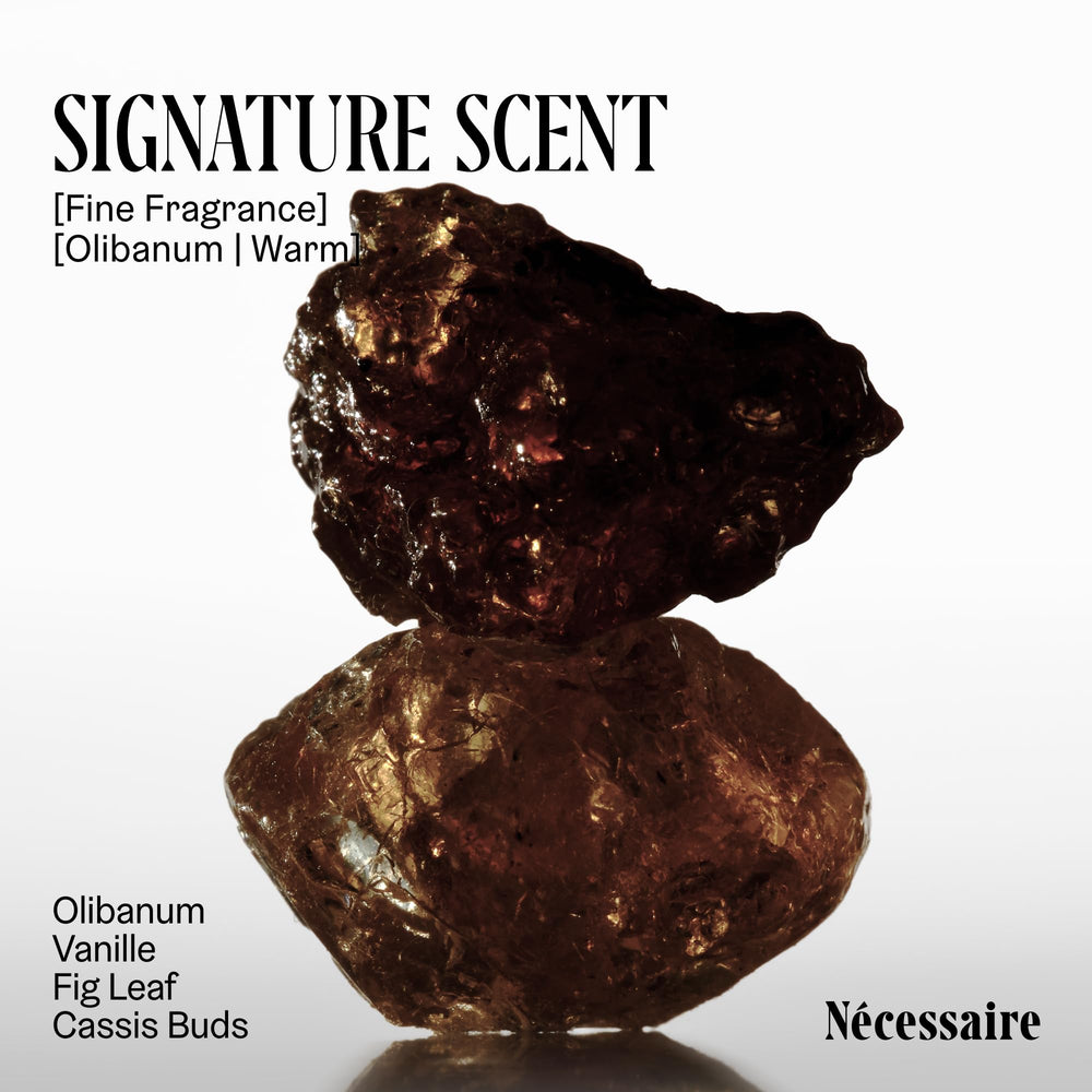 Fragrance profile of Nécessaire Olibanum with vanilla, fig leaf, cassis for a warm scent.