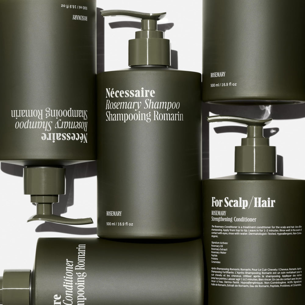 Nécessaire Rosemary Conditioner bottle demonstrates detangling and smoothing action.