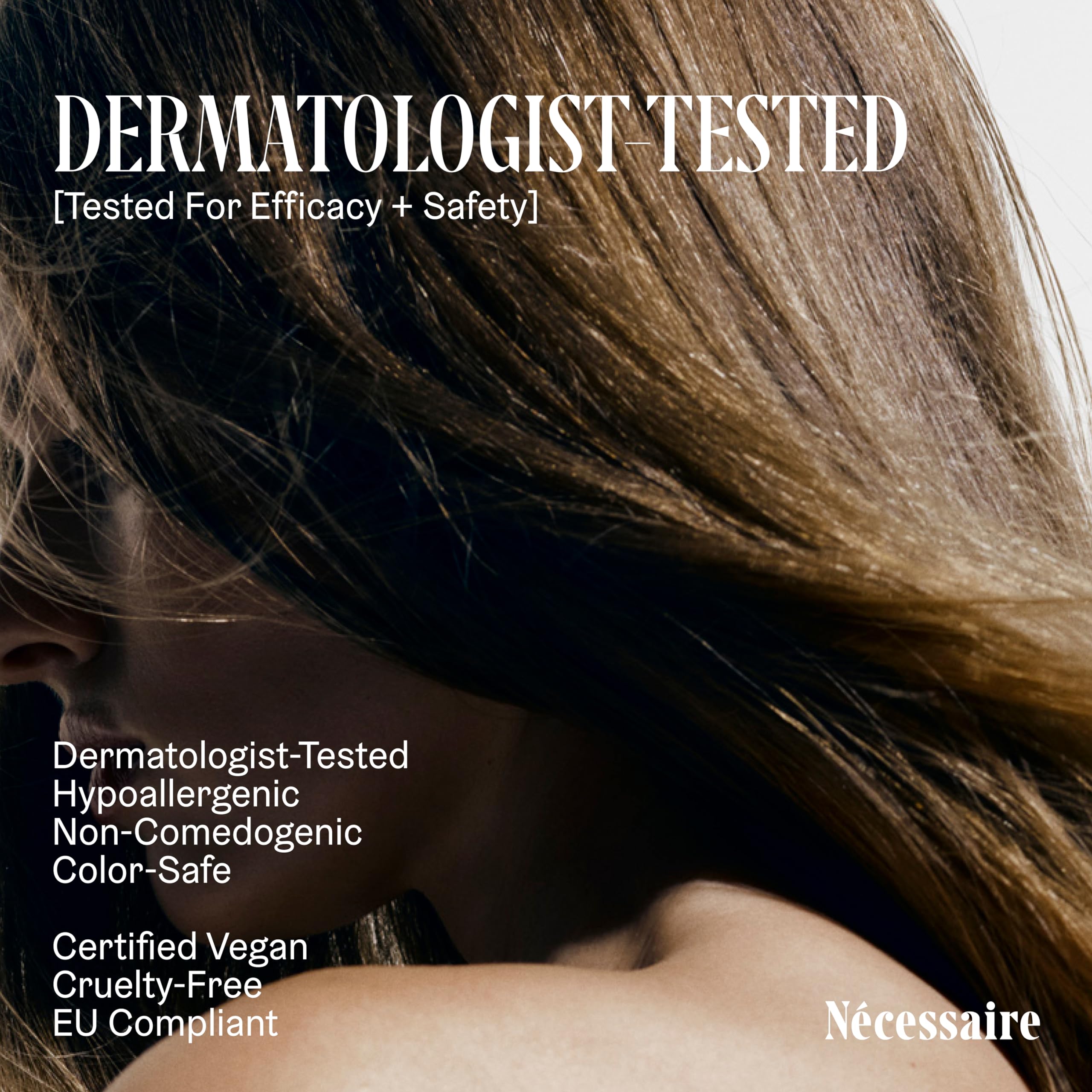Nécessaire Rosemary Leave-In Mask label close-up shows dermatologist-tested status.