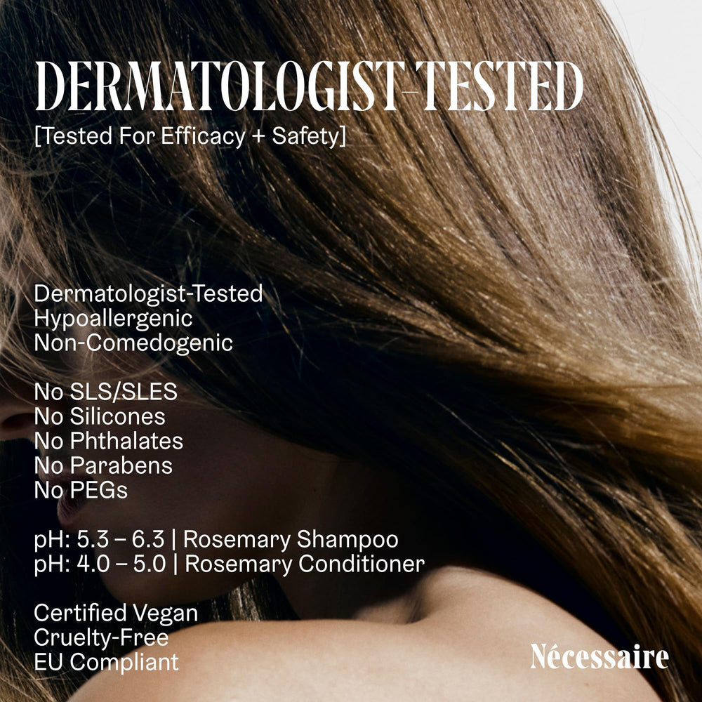 Nécessaire Rosemary lifestyle shot portrays everyday routine for thinning hair.