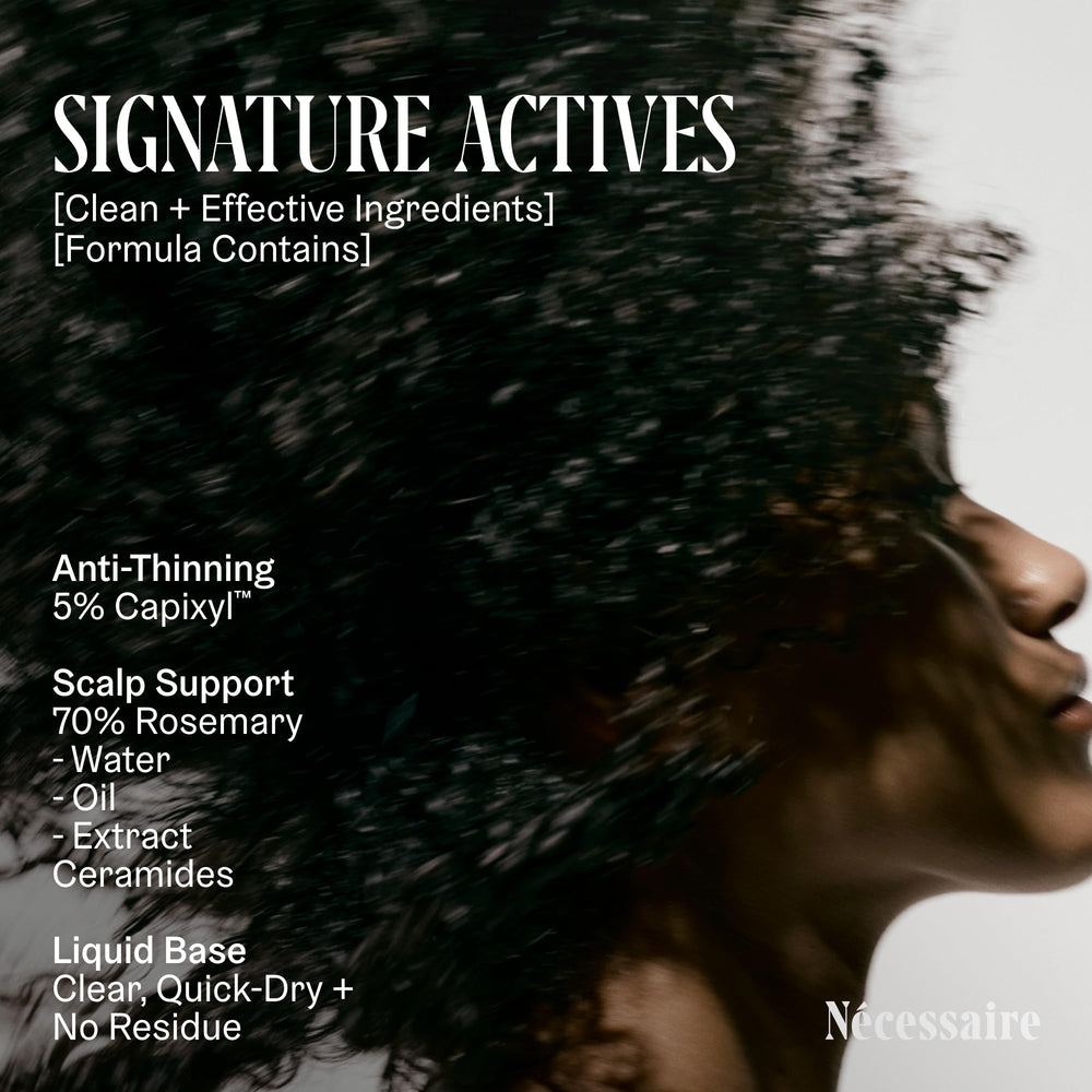 Nécessaire Rosemary Serum on hair, showcasing non-residue finish.