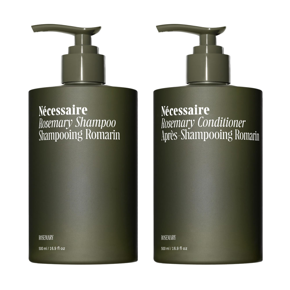 Nécessaire Rosemary Shampoo bottle shows a strengthening formula for healthier hair.
