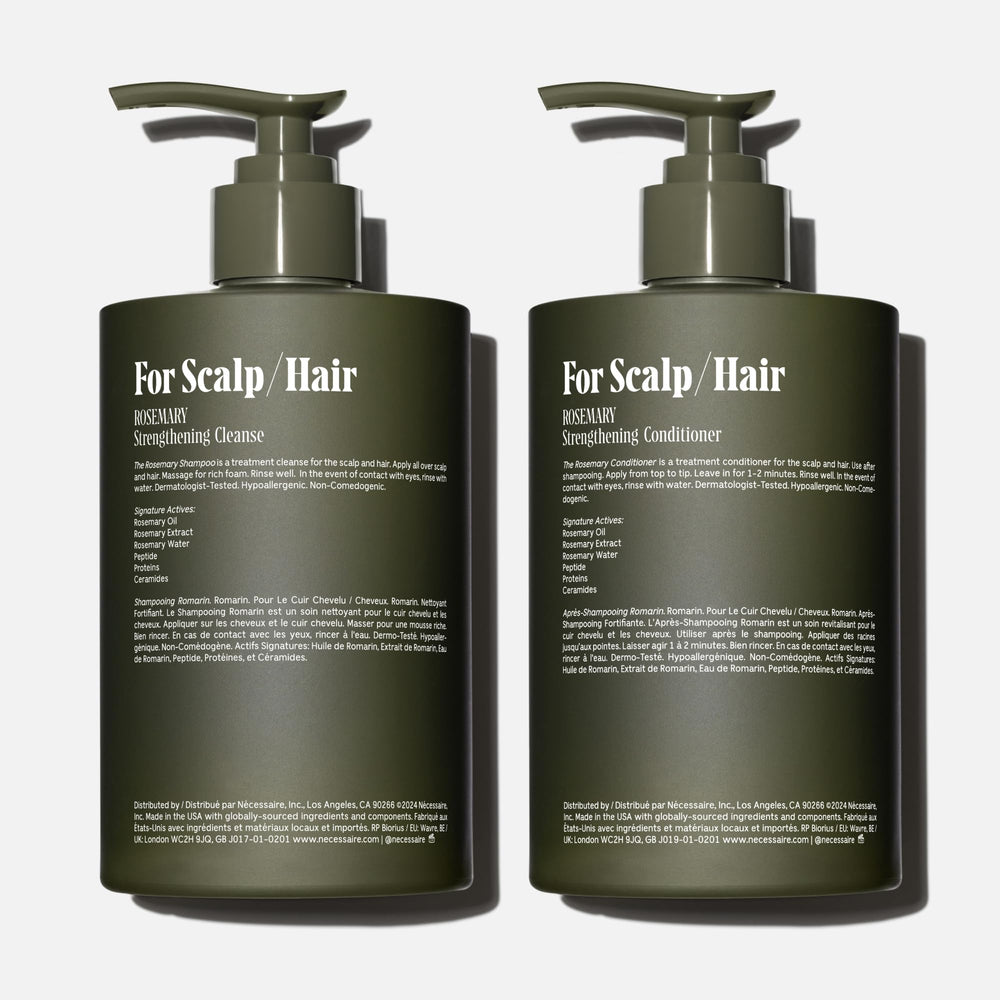 Nécessaire Rosemary Shampoo close-up highlights rosemary-infused care for scalp freshness.
