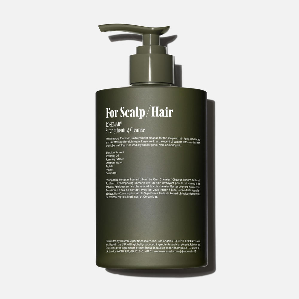Nécessaire Rosemary Shampoo packaging highlights ceramides and proteins for strengthening.