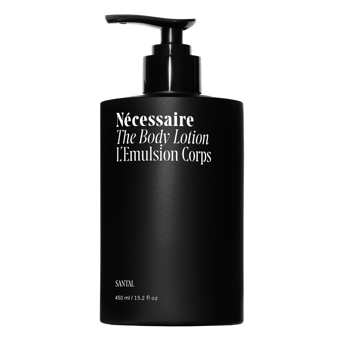 Nécessaire Santal body lotion bottle close-up for fast-absorbing daily hydration