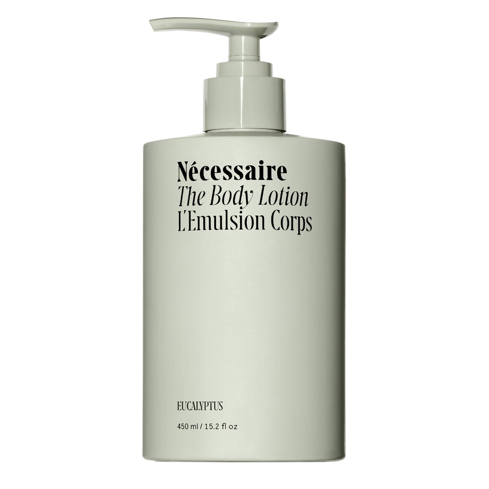 Nécessaire The Body Lotion Eucalyptus bottle close-up shows a moisturizing, non-greasy formula.
