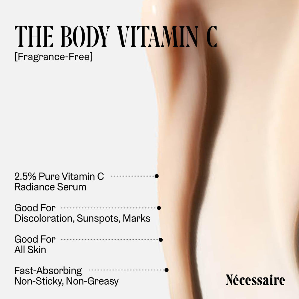 Nécessaire The Body Vitamin C Serum label highlights ingredients and benefits.