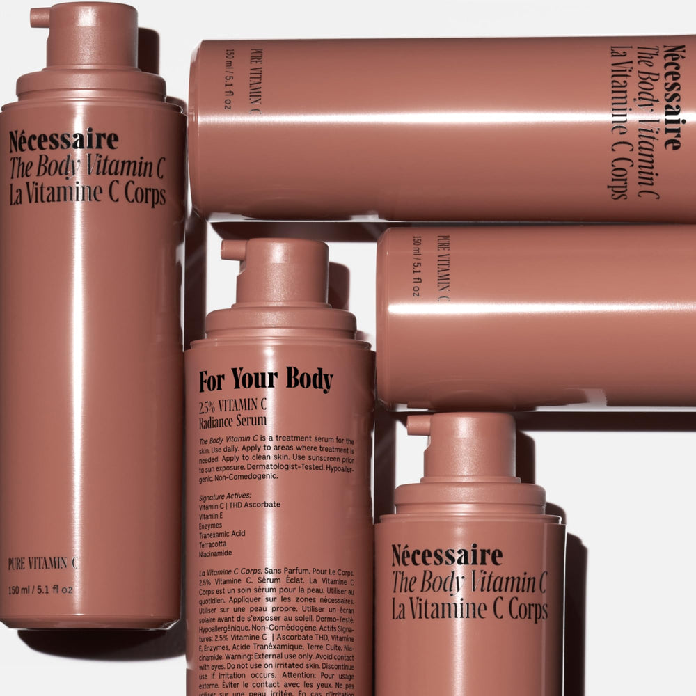 Nécessaire The Body Vitamin C Serum label shows fragrance-free, vegan, hypoallergenic features.