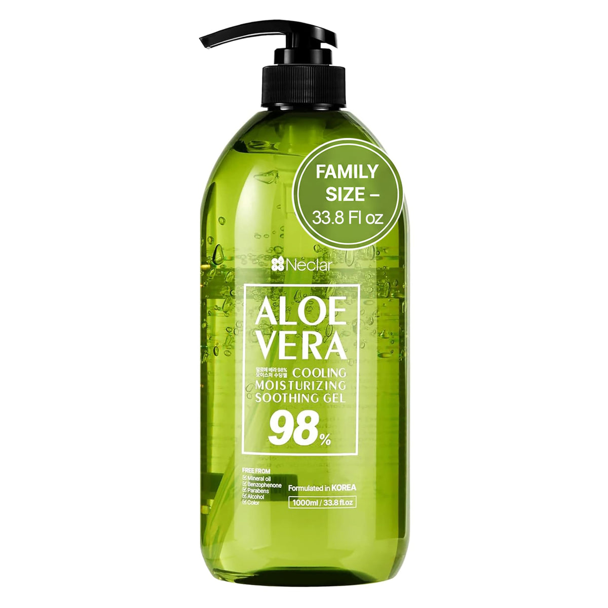 Neclar Aloe Vera 98% pur sur flacon grand, hydratant et apaisant pour la peau.
