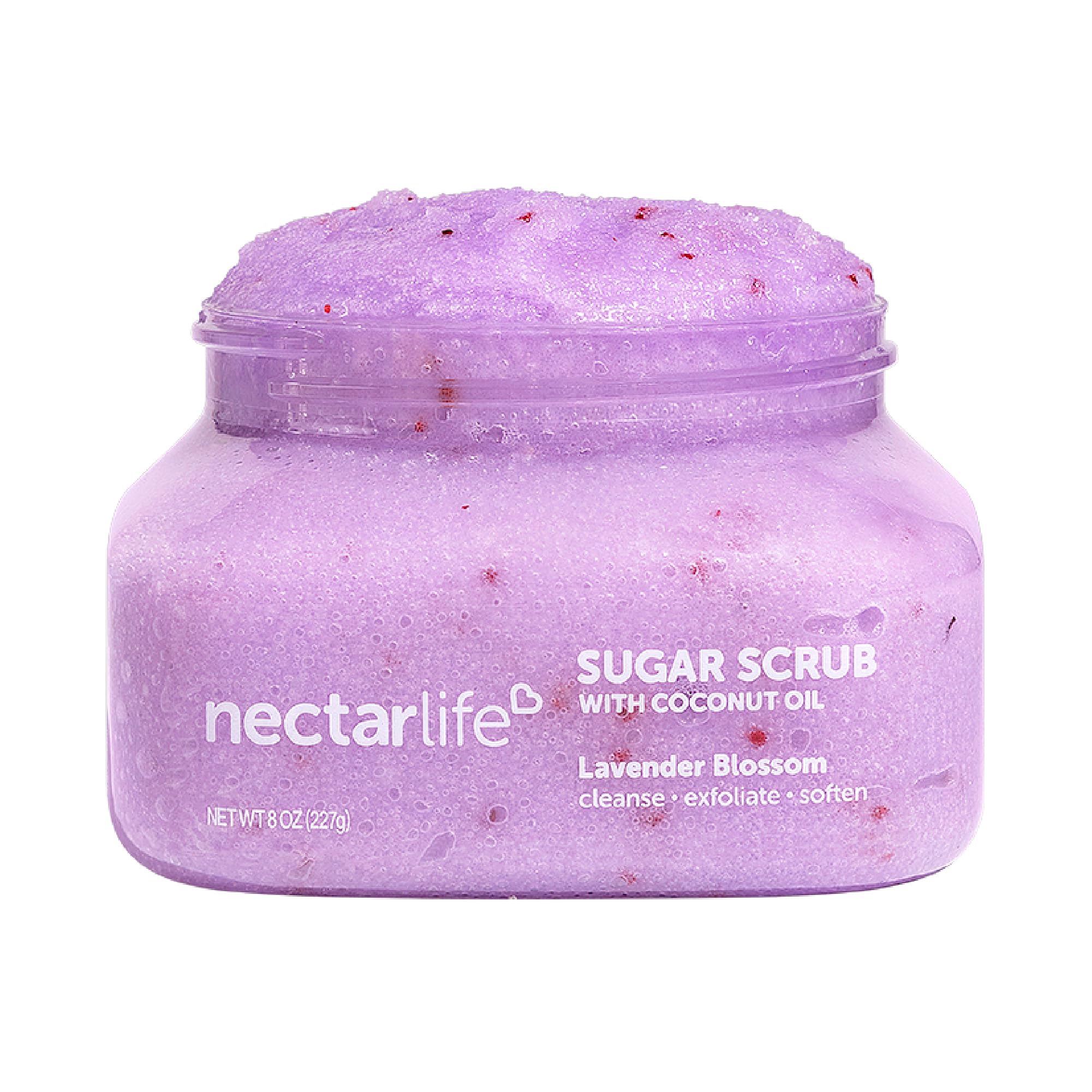 Nectar Bath Treats Lavender Sugar Body Scrub close-up highlighting soothing lavender texture and exfoliation.