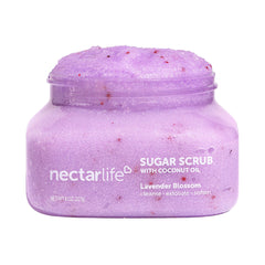 Nectar Bath Treats Lavender Sugar Body Scrub close-up highlighting soothing lavender texture and exfoliation.