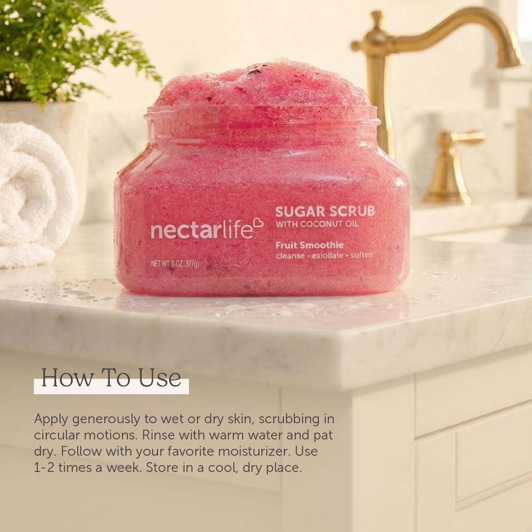 Nectar Bath Treats sugar scrub in hand demonstrates gentle exfoliation and pampering.