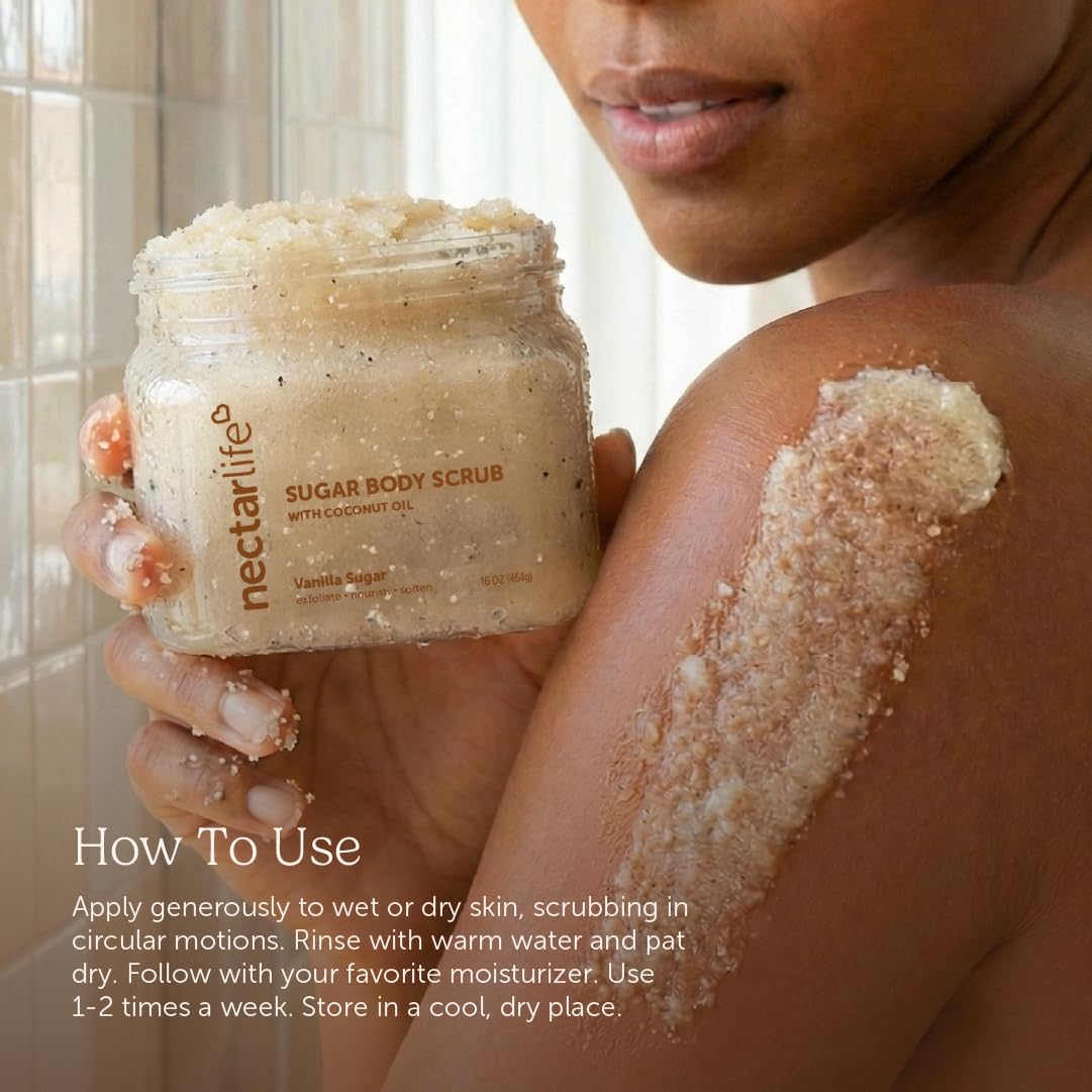 Nectar Life Exfoliating Sugar Scrub on skin showing velvety finish after exfoliation