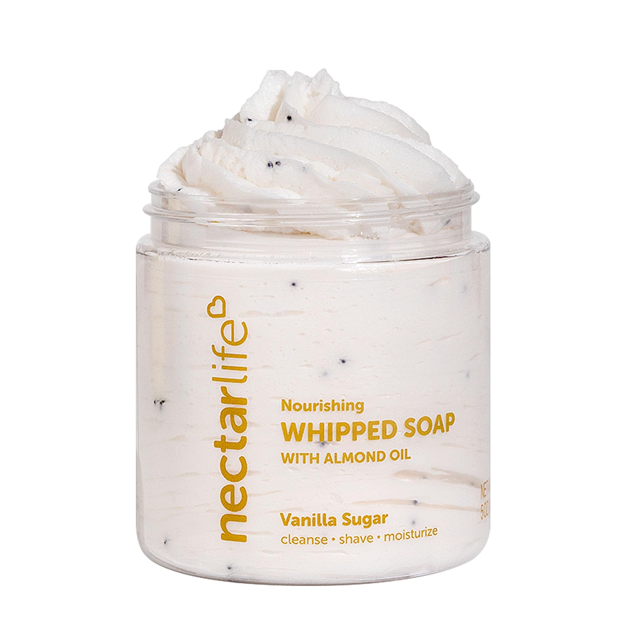 Nectar Life Whipped Soap Vanilla Sugar bottle pour highlights cleansing and spa-like feel.