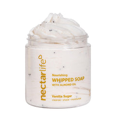 Nectar Life Whipped Soap Vanilla Sugar bottle pour highlights cleansing and spa-like feel.