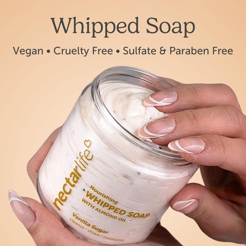 Nectar Life Whipped Soap Vanilla Sugar rich foam lather showcases soothing daily cleansing.