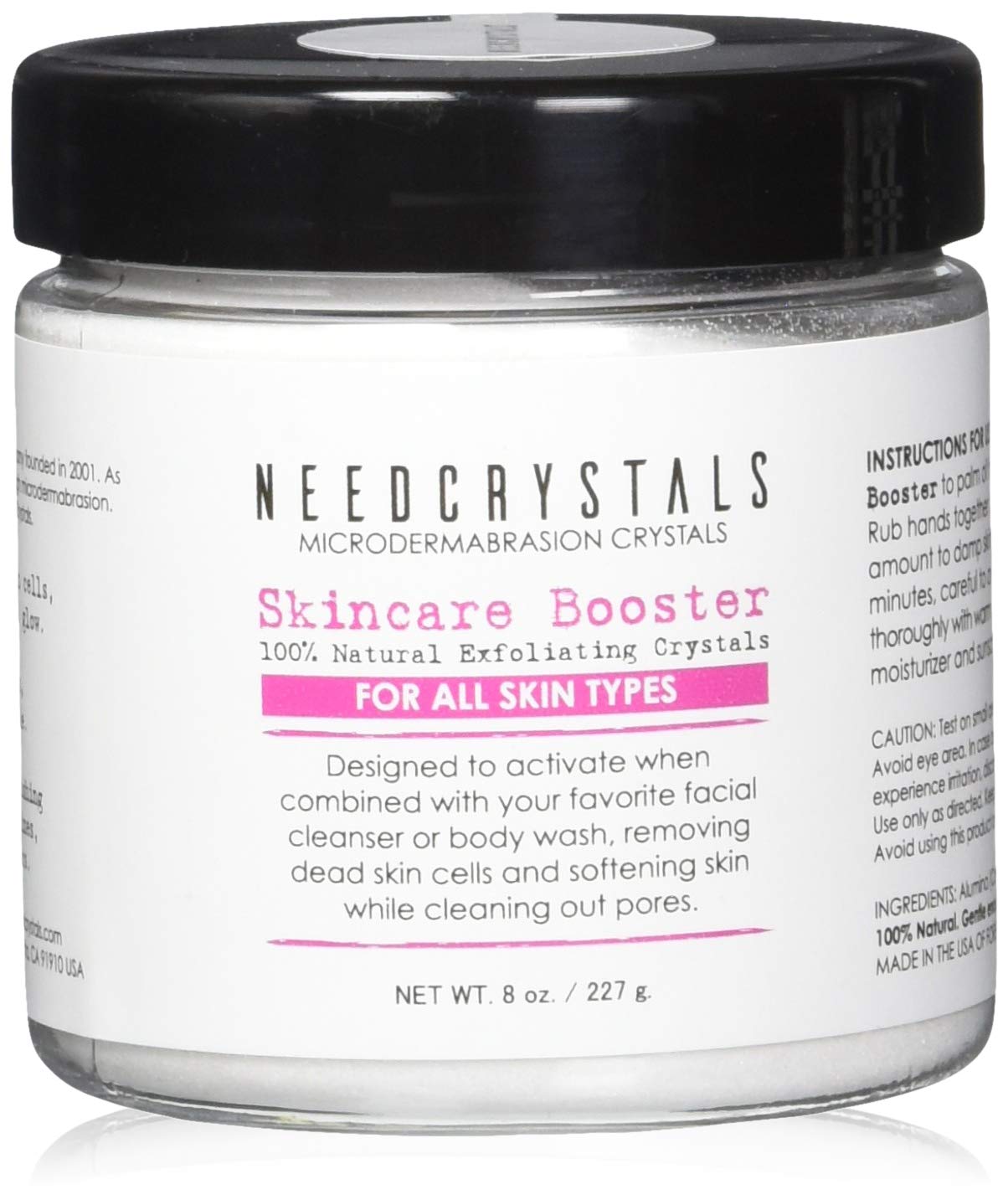 NeedCrystals microdermabrasion jar close-up showing exfoliating crystals for smoother skin