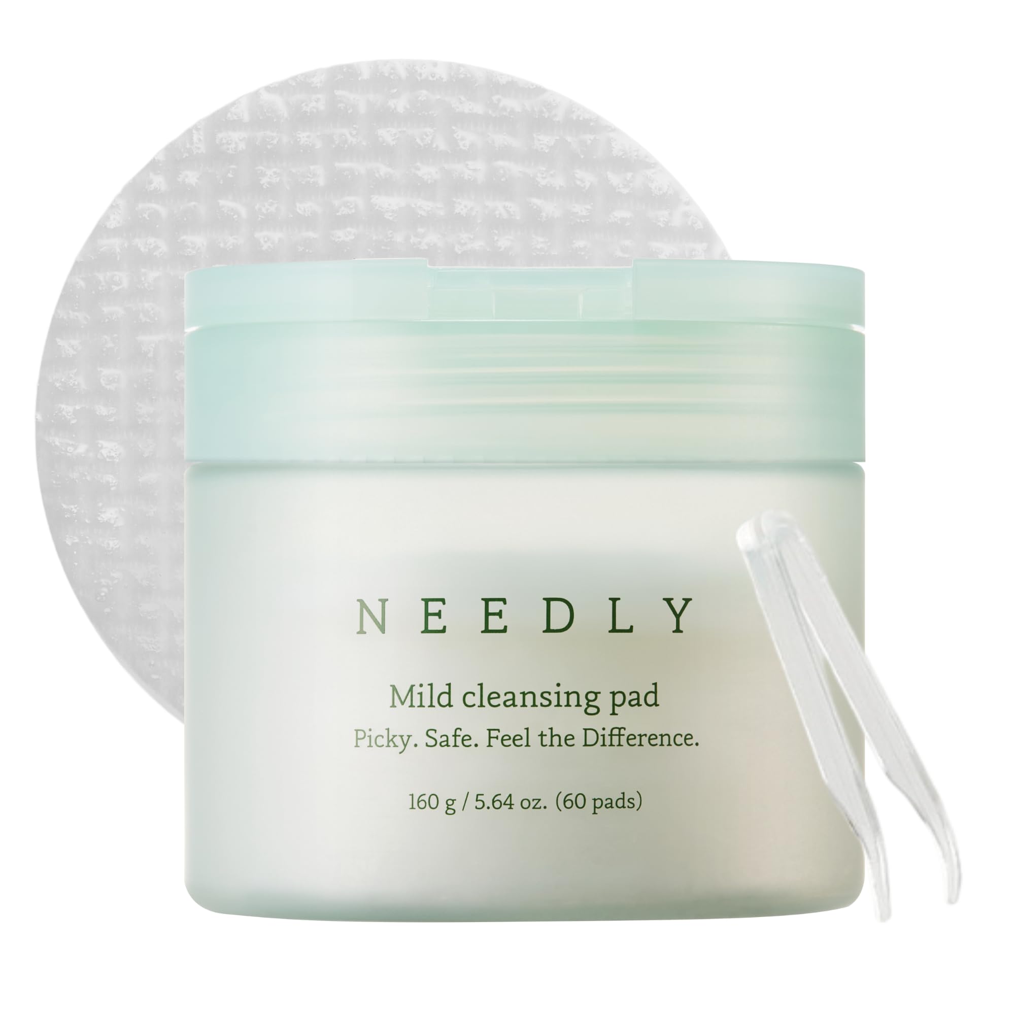 NEEDLY Mild Cleansing Pad packaging highlights vegan materials for sensitive skin