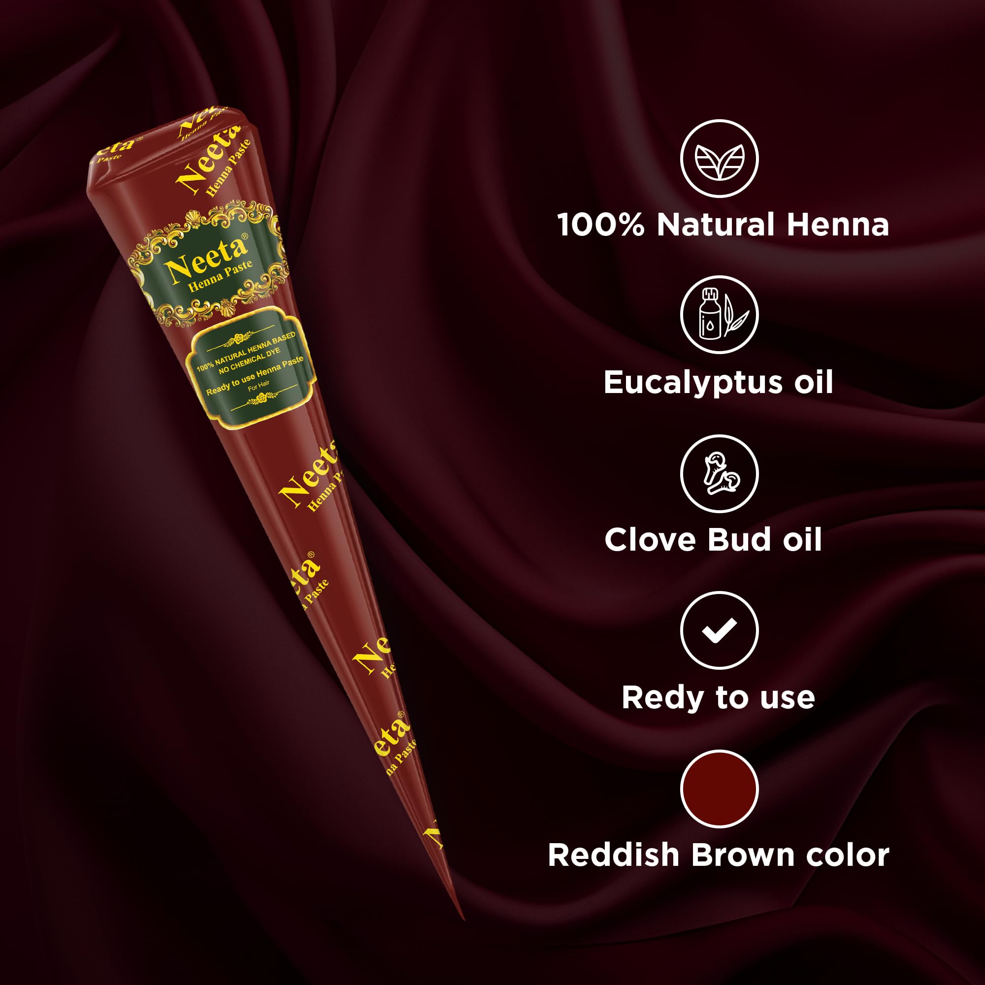 Neeta henna cones with water-resistant formula for durable shade