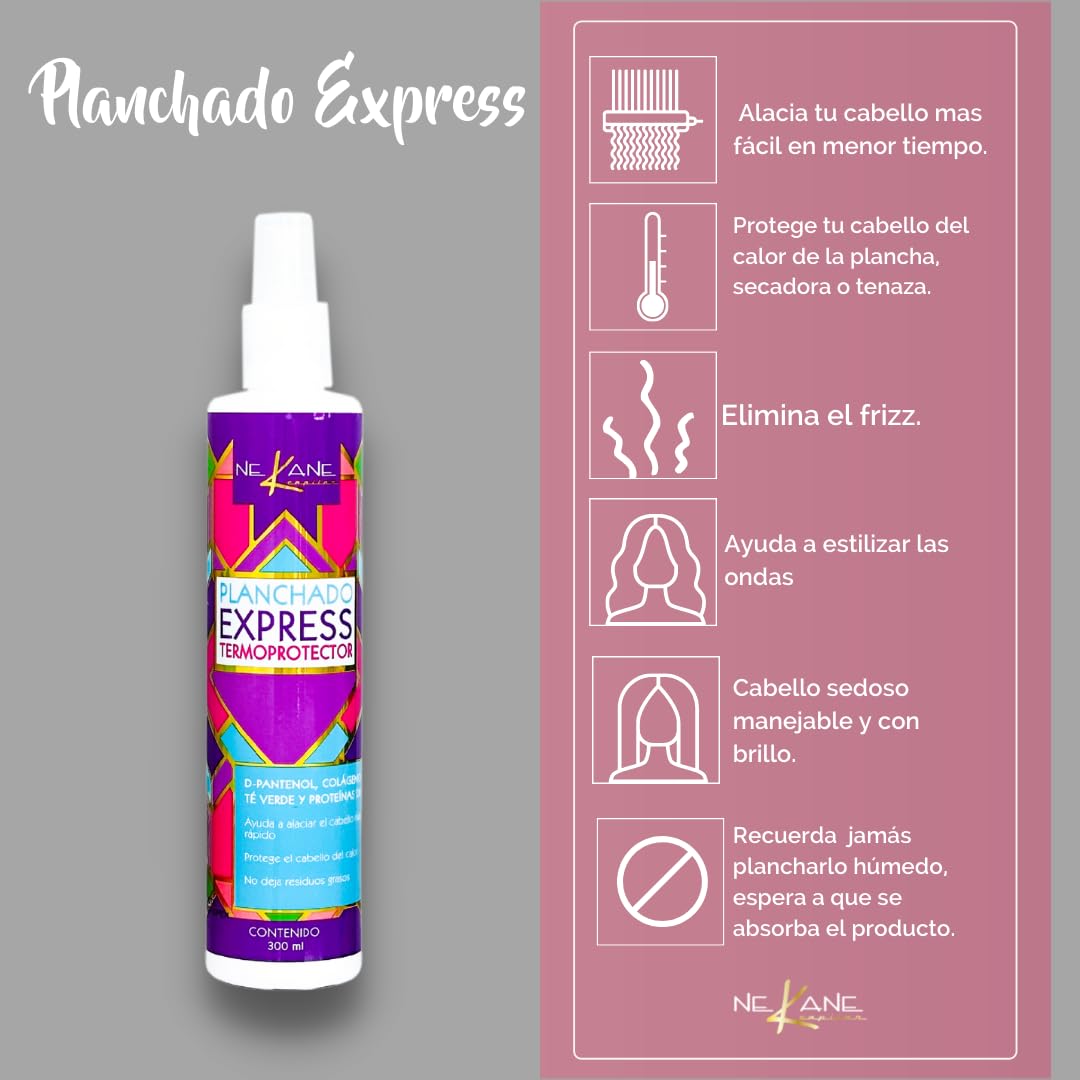 NEKANE Planchado Express spray on hair for smoother styling and frizz reduction.