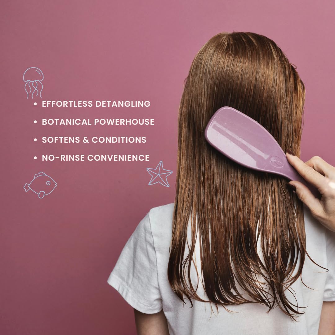 Nemah Kids Leave-In Conditioner spray demonstrates quick mist for knot-free brushing