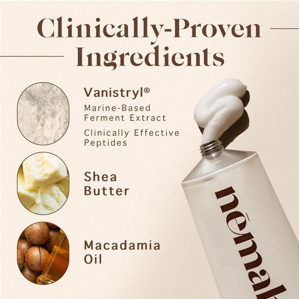 Nemah stretch mark cream texture closeup highlights fast-absorbing feel.