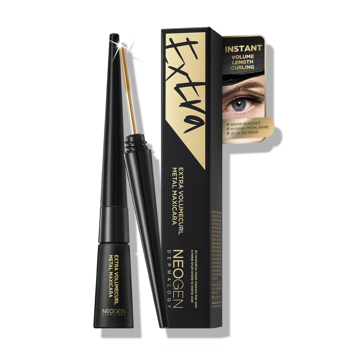 Neogen Dermalogy Extra Volume Curl Metal Mascara with metal wand precision lengthening
