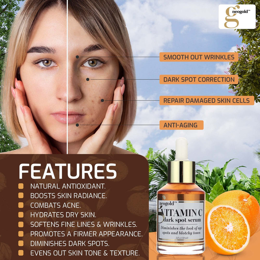 Neogold label highlights key actives like Vitamin C and peptides.