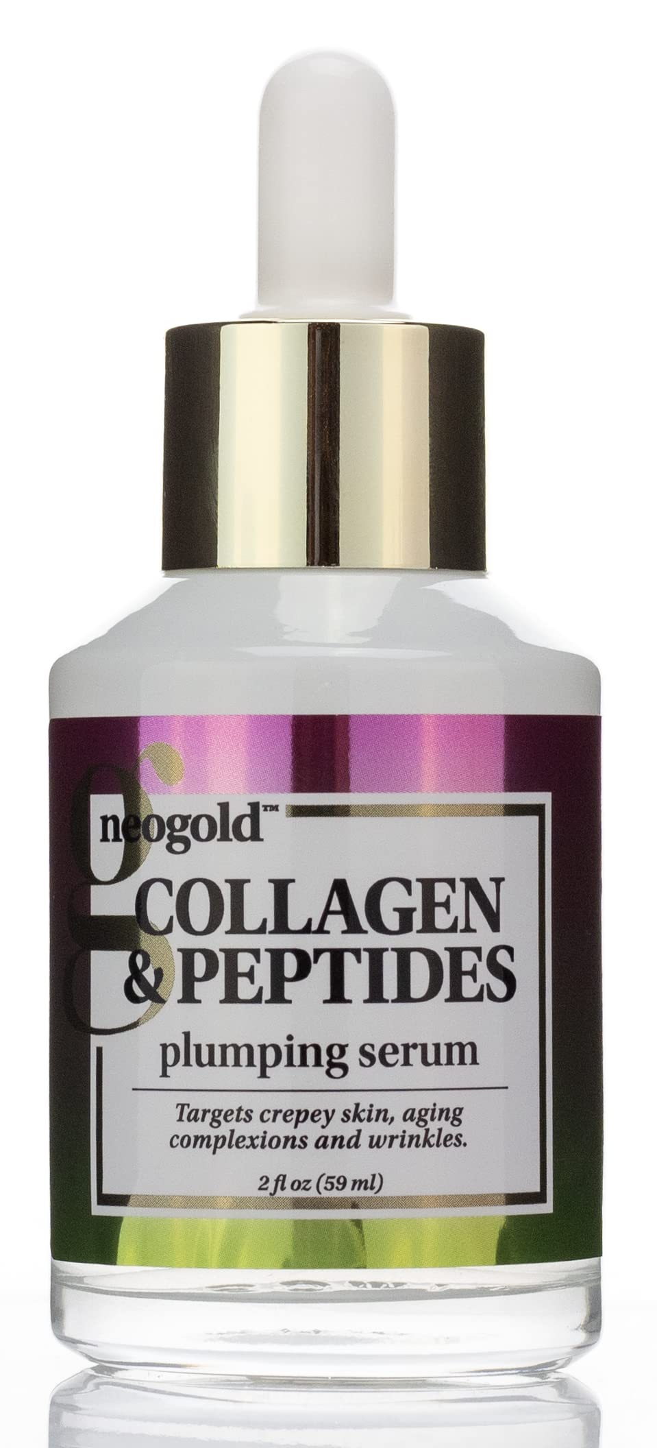 Neogold Collagen and Peptides Serum bottle close-up showing hydrating, plumping action.